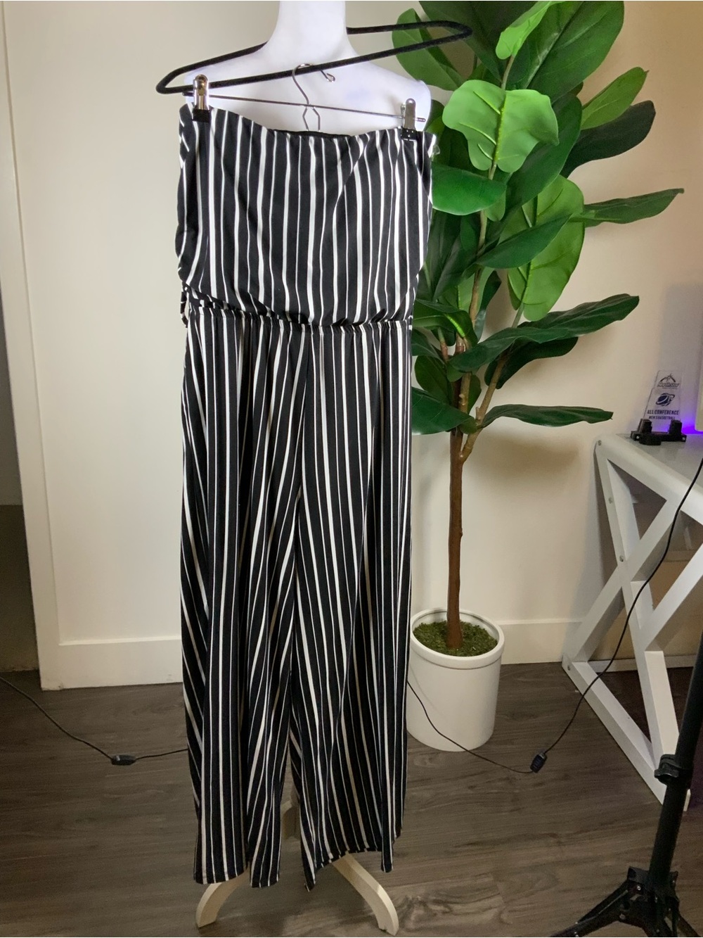 Discreet Black and White Vertical Stripe Strapless Jumpsuit